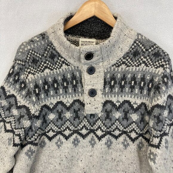 Boston Crew Fair Isle Heavy Knit Sweater Mens Large 42-44 Gray Skicore Preppy - Picture 5 of 16